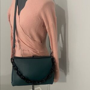 Viola Castellani Teal Pebbled Leather Shoulder Bag Made in Italy Chain Strap NEW